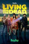 Living for the Dead TV show poster: A group of five men and women holding items like cameras, flashlights, and briefcases stand in front of a sunset, on dark, wet ground.