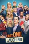 LOL: Last One Laughing UK TV show poster: Composite of Roisin Conaty, Jimmy Carr, and a cast of comedians behind them against blue backdrop.