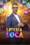 Lotería Loca poster: Jaime Carnil smiles in front of gold background shotting cards. 