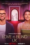 Love Is Blind: UK TV show poster: A man and woman stand next to each other smiling towards the camera.