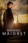 Maigret TV show poster: French Inspector Maigret stands in front of the Eiffel Tower at sunset
