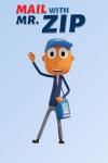 Mail With Mr. ZIP TV: Mr. ZIP dressed in his cap and postal messenger bag waves in a light blue background.