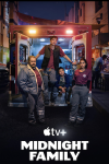 Midnight Family poster: Joaquín Cosio, Diego Calva, Sergio Bautista, and Renata Vaca at back of ambulance. 
