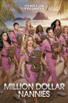 Million Dollar Nannies TV show poster: Group of people in pink outfits holding baby carriers on a beach.