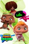 Mini Beat Power Rockers TV show poster: Three babies and a baby-robot smile in green background.