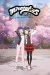 Miraculous World Tokyo Stellar Force TV show poster: Marinette and Kagami do peace signs smiling at the camera with Tikki and Longg flying overhead.