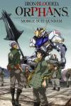 Mobile Suit Gundam Iron blooded Orphans TV show poster: Child soldiers stand around a Mobile Suit Gundam, everyone appears to be staring off into space deep in thought.