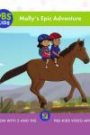 Molly's Epic Adventures TV: Molly and a friend ride a brown horse wearing helmets through a western landscape.