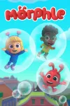 Morphle Shorts TV: Mila, Jordie and Morphle float inside bubbles over a blue sky looking excited, with extended arms.
