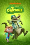 Mr. Crocodile TV show poster: Daisy and Mr. Crocodile, who wears a bucket hat and a hawaiian shirt, pose as if running on a green stamped background.