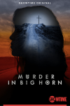 Murder in Big Horn TV poster: An illustration of a girl's face in profile, a road, and a cross against a sunset background