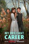 My Brilliant Career TV show poster: Jake Dunn, Phillipa Northeast, and Christopher Chung stand in an impressionist painting of a forest.