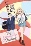 My Dress-Up Darling TV poster: Against a colorful geometric background, Kitagawa eagerly pulls Gojo forward. The Inui sisters pose behind them.
