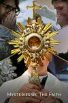 Mysteries of the Faith: a gold religious artifact is shown in the center of the screen with fragments of scenes of other artifacts converging around it.