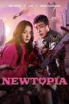 Newtopia TV show poster: Kim Jisoo and Park Jeong-min in a protective stance, holding a chainsaw as a smoking helicopter falls behind them