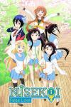 Nisekoi TV show poster: A group of high school girls can be seen standing in a park under some cherry blossom trees. They all look happy and are wearing school uniforms.