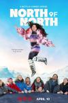North Of North TV show poster: Siaja is floating up the sky after jumping from a trampoline held by her community members who stand below, cheering.