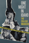 One Night In Idaho: The College Murders TV show poster: Black and white images of Kaylee, Maddie, Ethan, and Xana inside outline of Idaho state map.