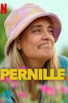 Pernille TV show poster: an image of a smiling, middle-aged blond woman in a pink bucket hat with blurred flowers in the foreground