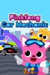 Pinkfong Car Mechanic TV show poster: A pink cat in mechanic clothing with a smaller cat with a broken police car in the background.