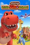 Pinkfong Little Dino School TV show poster: Dinosaurs Rex, Brie, Vella and Pete with teacher Trever on outdoor landscape.