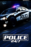 Police 24/7 TV show poster: black and white police car with red and blue lights. 