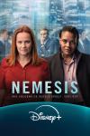 Nemesis TV show poster: A White woman and a Black woman stand side by side and stare directly ahead. Behind them, a White man sternly lurks. 