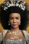 Queen Charlotte poster: India Ria Amarteifio wears royal garb and natural Black hair while facing camera against orange backdropt. 