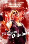 The Queen of Villains TV show poster: Dump Matsumoto holding a weapon and sneering, two wrestlers superimposed behind her, on a blood-red backdrop