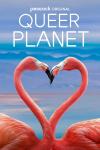 Queer Planet TV show poster: Two flamingos touch beaks, with their necks forming the shape of a heart