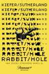 Rabbit Hole TV poster: An illustration of Kiefer Sutherland falling downward against a yellow background with black text