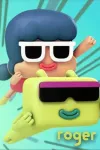 Roger TV: Fatou and Roger wear sunglasses as they flight through a bright teal background doing a superhero pose with one fist lift up.