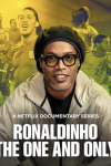 Ronaldinho: The One and Only TV show poster: Ronaldhino with black hat and glasses sits looking forward in white jacket.