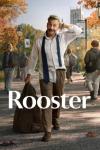 Rooster TV show poster: Greg Russo is at the center of this image, in a rumpled suit with tie undone; he walks across a college campus