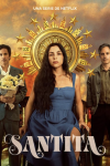 Santita TV show poster: Paulina Dávila in blue dress with sun halo, and Gael García Bernal on either side of her.