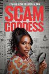 Scam Goddess TV show poster: Host Laci Mosley in an orange floral shirt, holding a magnifying glass, in front of a newspaper print backdrop