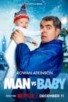 Man vs. Baby TV show poster: A White man in a blue jacket holds a baby in a beane and white onesie with a snowy background