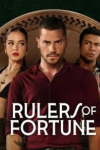 Rulers of Fortune TV show poster: A dark-haired man stares menacingly with a dark-haired woman with a braid and another man in front of a roulette