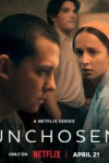 Unchosen TV show poster: 3 people shown: a man in the foreground looks down tensely, while a woman in a headscarf and another man behind her look on