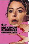 A woman's surprised face above pencil shavings on a pink background.