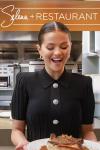 Selena + Restaurant TV show poster: Selena Gomez wears a black buttoned dress inside a professional kitchen