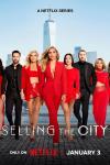 Selling the City TV show poster: A large cast of people walk away from the city in very bright outfits