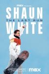 Shaun White: The Last Run TV show poster: Shaun White wearing white and red holding snowboard with fist in air. 
