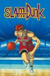 Slam Dunk TV show poster: Hanamichi dribbles a basketball down a court. In the background is a distant audience filling the seats of the stadium.