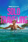 Solo Traveling with Tracee Ellis Ross TV show poster: the host in a bikini, chest-deep in bright aqua water, palm trees flanking her