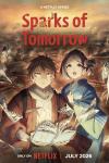 Sparks of Tomorrow TV show poster: A young man and woman hold an open book as pages swirl around them above a city. 