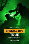 Special Ops True TV Poster: Through night vision goggles, two-armed soldiers run through smoke. A helicopter flies above.