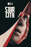 Star City TV Poster: Half of Alice Englert’s face. A graphic of a tan and red spaceship is in the center.
