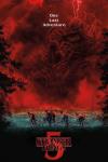 Stranger Things Season 5 TV show poster: An ominous red background; across the bottom, 5 people ride bicycles