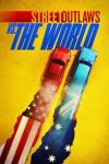 Street Outlaws vs. The World TV show Poster: A red and blue car leave trails behind them. One leaves a U.S. flag trail, the other an Australian flag o